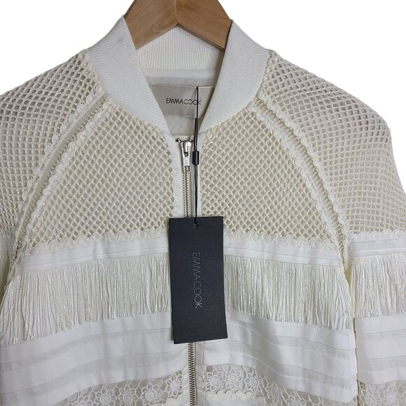 Emma Cook Isabella Cotton Bomber White/Ivory Womens SZ 8 Fringe/Mesh Zip Up NEW - Picture 3 of 11